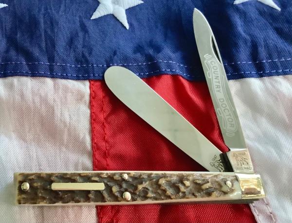 1997 Bulldog Brand HAND MADE 2 Blade Doctor Knife w/ Wide Spatula blade & Sweet Stag Handles