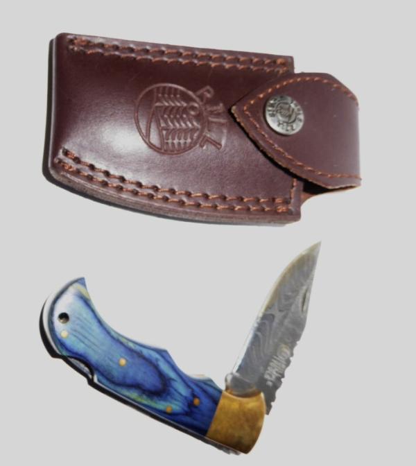 Vintage Damascus Folding Lockback Knife w/Leather Sheath Rills Simple Tools Blue/Azul