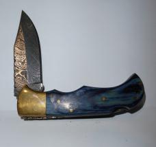 Vintage Damascus Folding Lockback Knife w/Leather Sheath Rills Simple Tools Blue/Azul