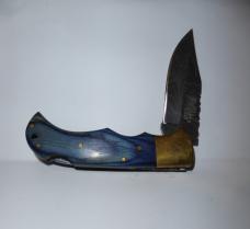 Vintage Damascus Folding Lockback Knife w/Leather Sheath Rills Simple Tools Blue/Azul