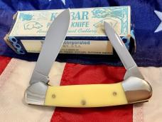 Vintage Ka-Bar Dog Head 2 Blade Canoe Knife w/ Yellow Derlin Handles -Dog Head Shield -NOS & M/NM