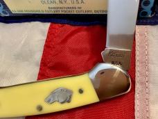 Vintage Ka-Bar Dog Head 2 Blade Canoe Knife w/ Yellow Derlin Handles -Dog Head Shield -NOS & M/NM