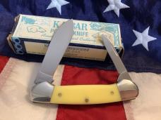 Vintage Ka-Bar Dog Head 2 Blade Canoe Knife w/ Yellow Derlin Handles -Dog Head Shield -NOS & M/NM