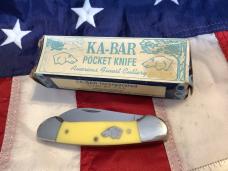 Vintage Ka-Bar Dog Head 2 Blade Canoe Knife w/ Yellow Derlin Handles -Dog Head Shield -NOS & M/NM