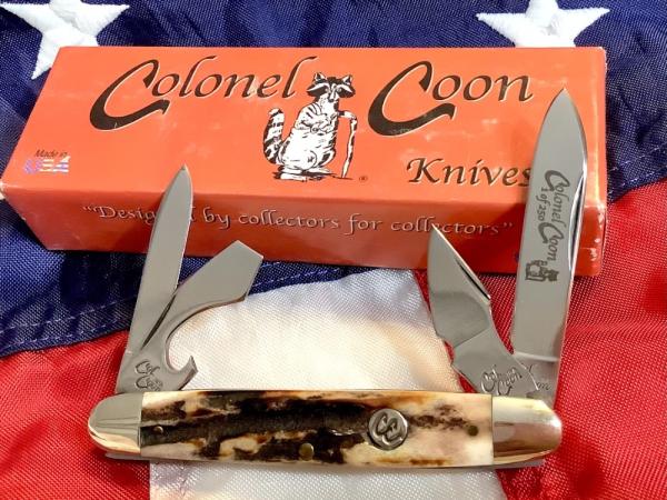 Colonel Coon (by Queen) One of 250, Jr Scout Knife w/ Great Stag Handles -NOS in orig box