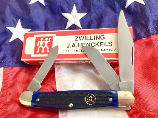 J A Henckels Stockman Pocket Knife with Blue Bone Handles! NOS