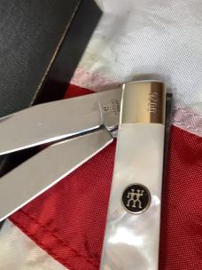 J A Henckels Trapper w/ Flashy Rainbow Mother of Pearl Handles +Pouch, COA & Hard Box -NOS
