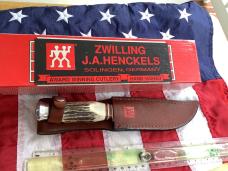 J A Henckels Fixed Blade Hunter Knife -Great Stag Handles -Gold Blade Etch of Buck standing tall-NOS