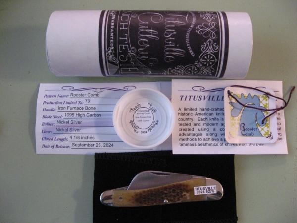   DANIELS FAMILY KNIFE BRANDS-TITUSVILLE CUTLERY-ROOSTER COMB-IRON FURNACE BONE