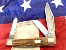 Vintage Bulldog Brand Stockman, Quarter Horseman Blade Etch w/ Sweet Stag Handles