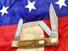 Vintage Bulldog Brand Stockman, Quarter Horseman Blade Etch w/ Sweet Stag Handles