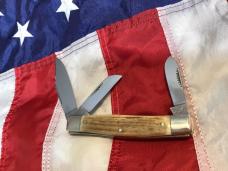 Vintage Bulldog Brand Stockman, Quarter Horseman Blade Etch w/ Sweet Stag Handles