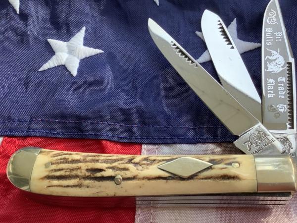 Vintage Hand Made Bulldog Brand 3 Blade Trapper w/ Great Stag Handles -NOS