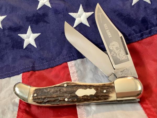 Bulldog Brand 2 Blade Hunter w/ War Hawk Blade Etch w/ Great Slab Stag Handles -NOS Bulldog Brand 2 Blade Hunter w/ War Hawk Blade Etch w/ Great Slab Stag Handles -NOS