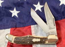 Bulldog Brand 2 Blade Hunter w/ War Hawk Blade Etch w/ Great Slab Stag Handles -NOS