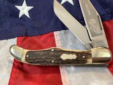Bulldog Brand 2 Blade Hunter w/ War Hawk Blade Etch w/ Great Slab Stag Handles -NOS