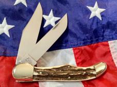 Bulldog Brand 2 Blade Hunter w/ War Hawk Blade Etch w/ Great Slab Stag Handles -NOS