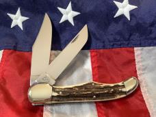 Bulldog Brand 2 Blade Hunter w/ War Hawk Blade Etch w/ Great Slab Stag Handles -NOS