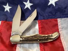 Bulldog Brand 2 Blade Hunter w/ War Hawk Blade Etch w/ Great Slab Stag Handles -NOS