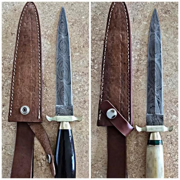Damascus hand made hand forged STILETTO Daggers. Bone or Buffalo horn handle. Brass pommel, guard 