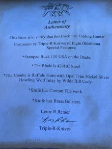 BUCK 110 LEROY REMER & WBC ** BUFFALO HORN NICKEL SILVER FIRE OPAL HOWLING WOLF RRR KNIVES #5
