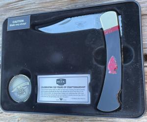BUCK 110 LEROY REMER & WBC ** BUFFALO HORN BLOODY JASPER TRIM BLOODY JASPER ARROWHEAD RRR KNIVES #8