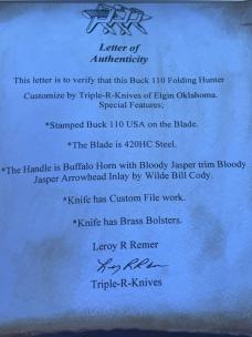 BUCK 110 LEROY REMER & WBC ** BUFFALO HORN BLOODY JASPER TRIM BLOODY JASPER ARROWHEAD RRR KNIVES #8