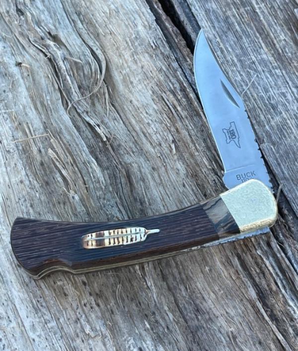 BUCK 110 LEROY REMER & WBC ** WENGE WOOD TURKEY FEATHER BRASS NAPPED BOLSTERS RRR KNIVES #10 BUCK 110 LEROY REMER & WBC ** WENGE WOOD TURKEY FEATHER BRASS NAPPED BOLSTERS RRR KNIVES #10