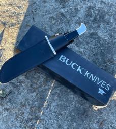 BUCK 124 FRONTIERSMAN LEROY REMER & WBC ** BUFFALO HORN W/NICKEL SILVER DEER INLAY RRR KNIVES #11