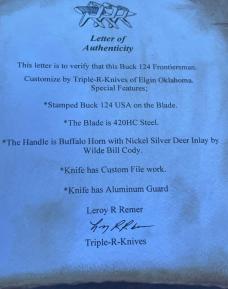 BUCK 124 FRONTIERSMAN LEROY REMER & WBC ** BUFFALO HORN W/NICKEL SILVER DEER INLAY RRR KNIVES #11