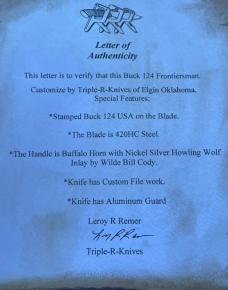  LEROY REMER & WBC BUCK 124 FRONTIERSMAN ** BUFFALO HORN W/NICKLE SILVER HOWLING WOLF INLAY #12