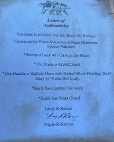  LEROY REMER & WBC BUCK 401 KALINGA **  BUFFALO HORN NICKEL SILVER HOWLING WOLF #13