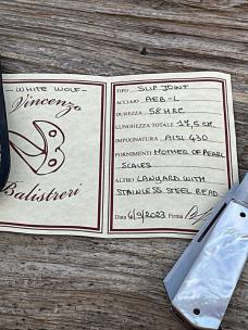 VINCENZO BALISTRERI CUSTOM MOTHER OF PEARL WHITE WOLF SLIP-JOINT