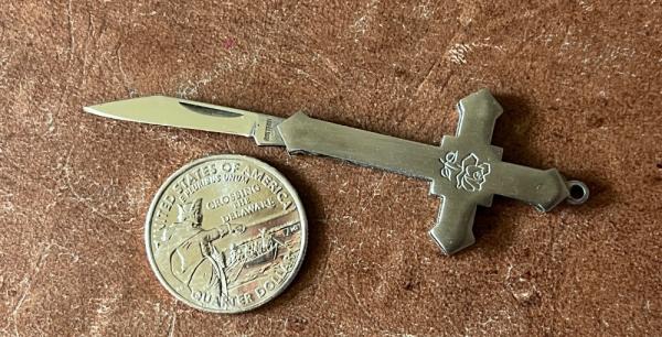 Vintage Crucifix Cross Keychain Miniature Knife, Germany?, Unused Vintage Crucifix Cross Keychain Miniature Knife, Germany?, Unused