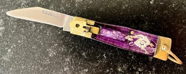 Rare Small Purple Handle Mexico Bullfighter Lever Lock Switchblade Knife, Japan, Used Rare Small Purple Handle Mexico Bullfighter Lever Lock Switchblade Knife, Japan, Used