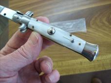 Vintage B Rostfrei Italian 8 Inch Stiletto Automatic W/White Acrylic handles Flat Ground UNUSED!