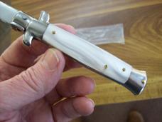 Vintage B Rostfrei Italian 8 Inch Stiletto Automatic W/White Acrylic handles Flat Ground UNUSED!