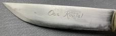 Oss Ruutel fixed blade sheath knife made in Finland with wonderful etching on the blade. Light use. 