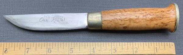 Oss Ruutel fixed blade sheath knife made in Finland with wonderful etching on the blade. Light use. 