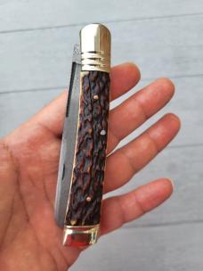 4 3/4" Custom Handmade Pocket Knife, Nice Pattern Damascus blade with Filework