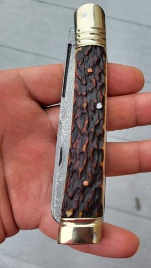 4 3/4" Custom Handmade Pocket Knife, Nice Pattern Damascus blade with Filework