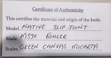 STEENKAMP NATIVE M390 GREEN CANVAS MICARTA X CUT MICARTA BOLSTER SLIP-JOINT