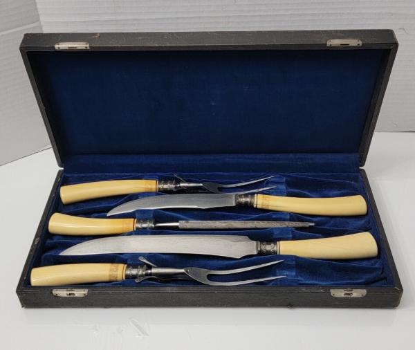 Antique Victorian Ivory, sterling, Damascus Steel Carving Set c1886  L.F.&C. (Landers Frary & Clark)