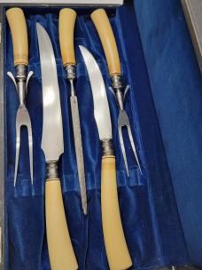Antique Victorian Ivory, sterling, Damascus Steel Carving Set c1886  L.F.&C. (Landers Frary & Clark)