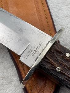 Vintage Union Cutlery Co Olean NY Fixed Blade Sheath Knife Jigged Bone Handles