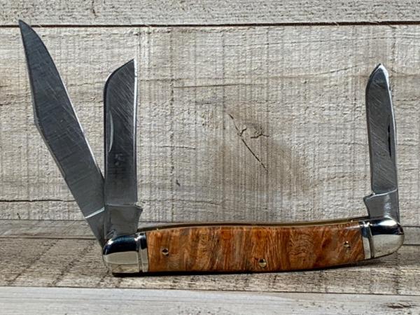 Schrade 858 Lumberjack Knife with Stabilized, Dyed, Buckeye Burl Wood Handles