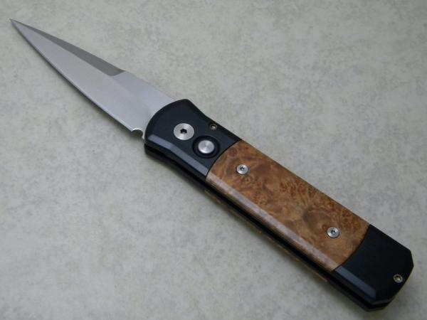 Pro-Tech 706 Godson Black Handle Maple Burl Inlay Satin Switchblade Knife Button Lock