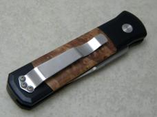 Pro-Tech 706 Godson Black Handle Maple Burl Inlay Satin Switchblade Knife Button Lock