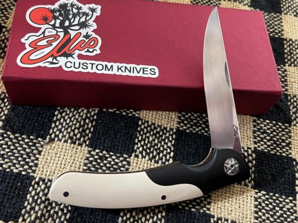 JOHAN ELLIS CUSTOM ORYX IVORY & BLACK PAPER MICARTA RWL 34 STEEL SLIP-JOINT KNIFE