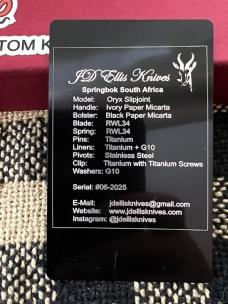 JOHAN ELLIS CUSTOM ORYX IVORY & BLACK PAPER MICARTA RWL 34 STEEL SLIP-JOINT KNIFE